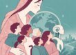 Ilustración de la figura femenina de la Virgen que abraza a personas diversas ante el planeta Tierra y un robot humanoide