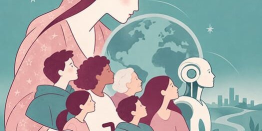 Magnifica Humanitas: la humanidad custodiada ante la inteligencia artificial Ilustración de la figura femenina de la Virgen que abraza a personas diversas ante el planeta Tierra y un robot humanoide