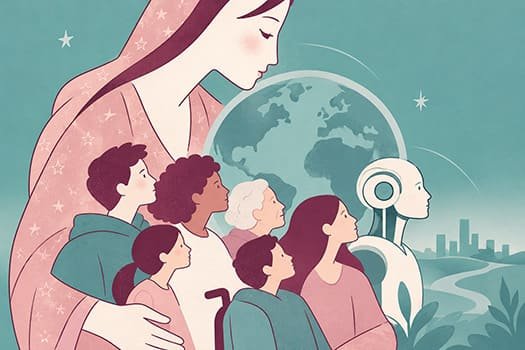 Ilustración de la figura femenina de la Virgen que abraza a personas diversas ante el planeta Tierra y un robot humanoide
